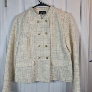 Talbots Cream Gold Tweed Jacket 6 Military Double Breasted Wool Blend Cropped